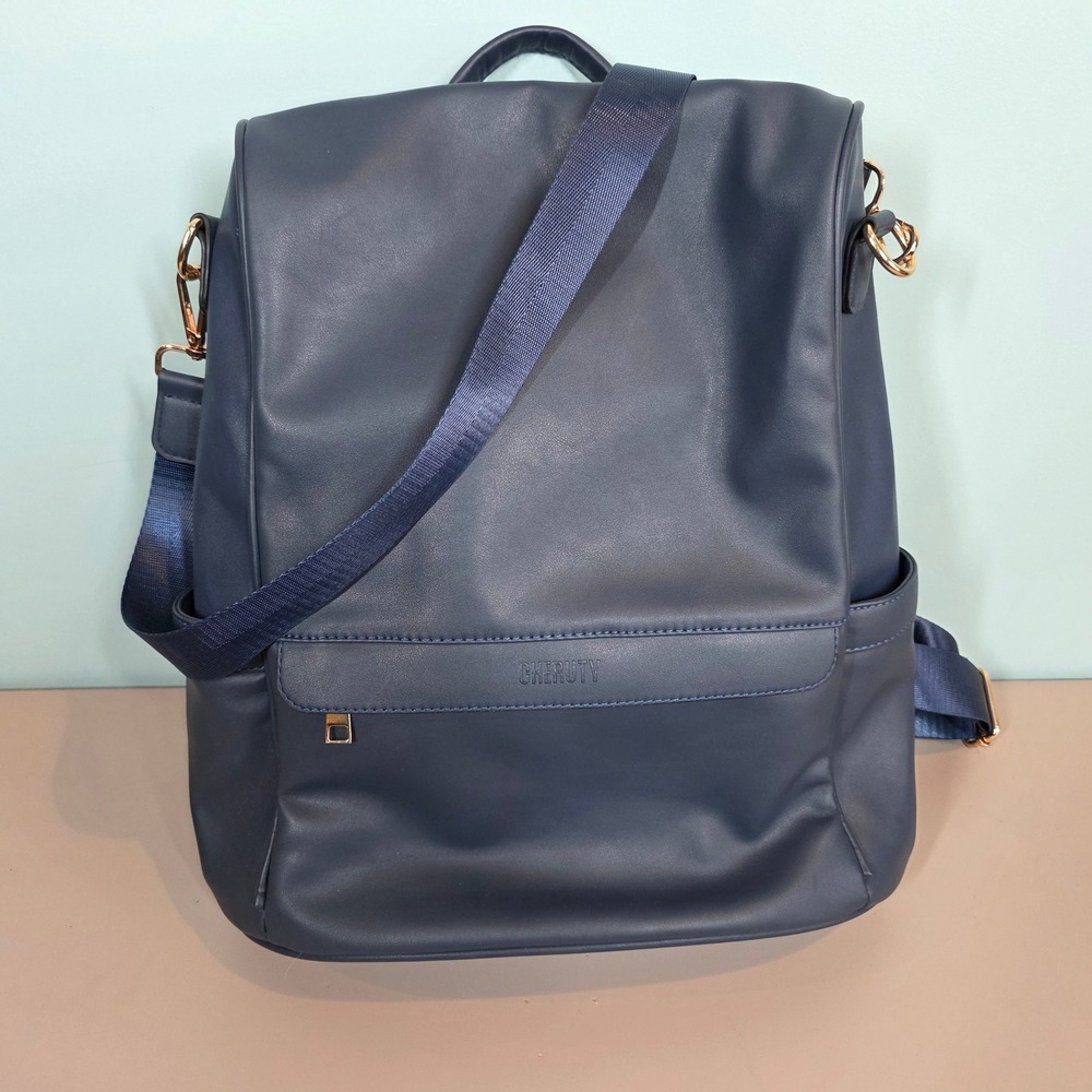 Cheruty Navy Blue Vegan Leather Convertible Backpack Purse Gold Hardware Womens